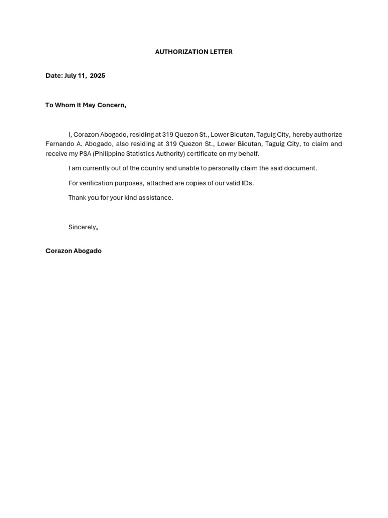 Authorization Letter for PSA Certificate | PDF