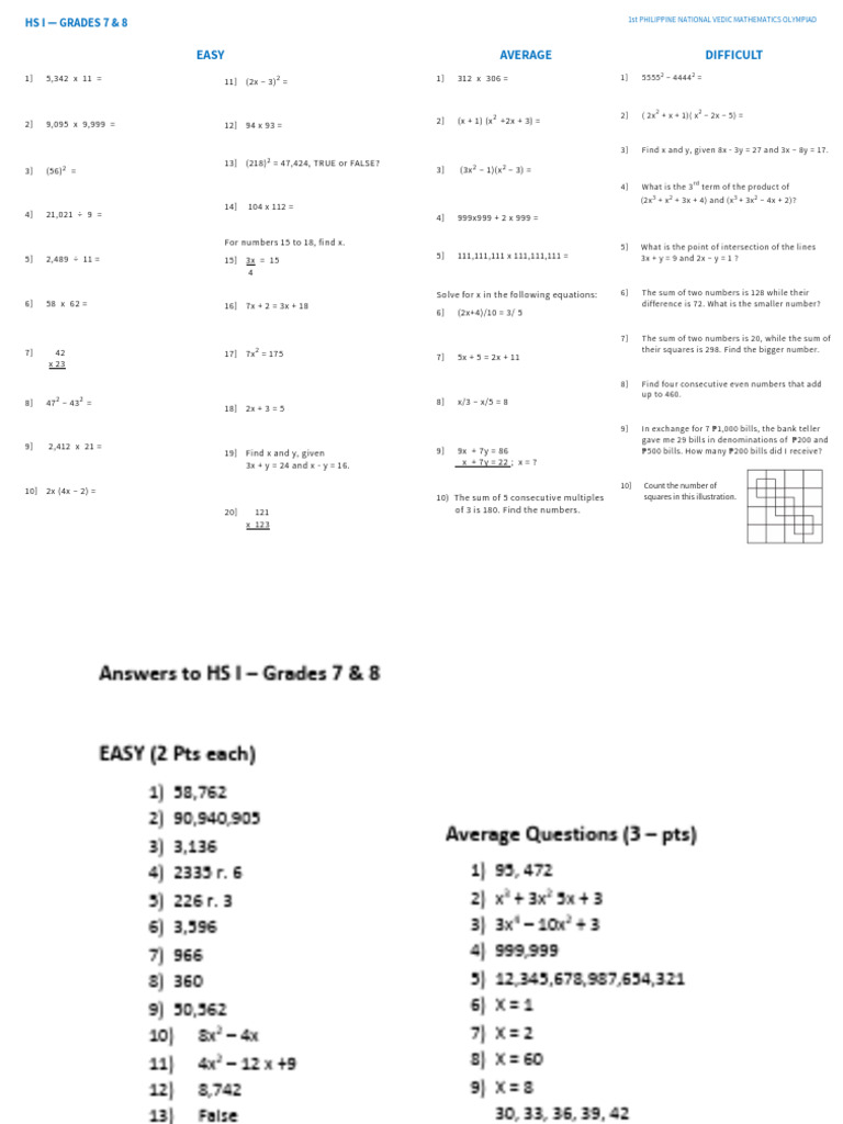 Math Problems and Solutions for Grades 7-8 | PDF | Mathematics ...