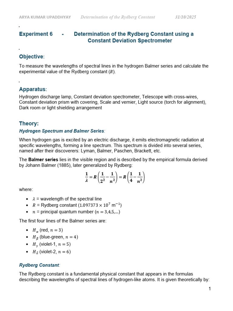 Rydberg Constant Measurement Experiment | PDF | Waves | Spectroscopy