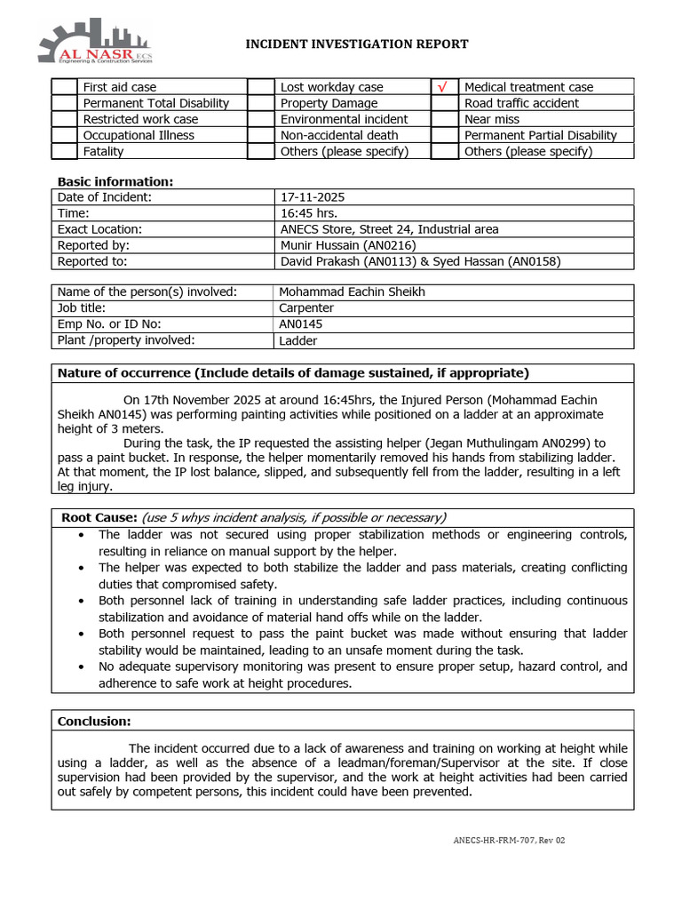 Ladder Incident Investigation Report | PDF | Safety | Occupational ...