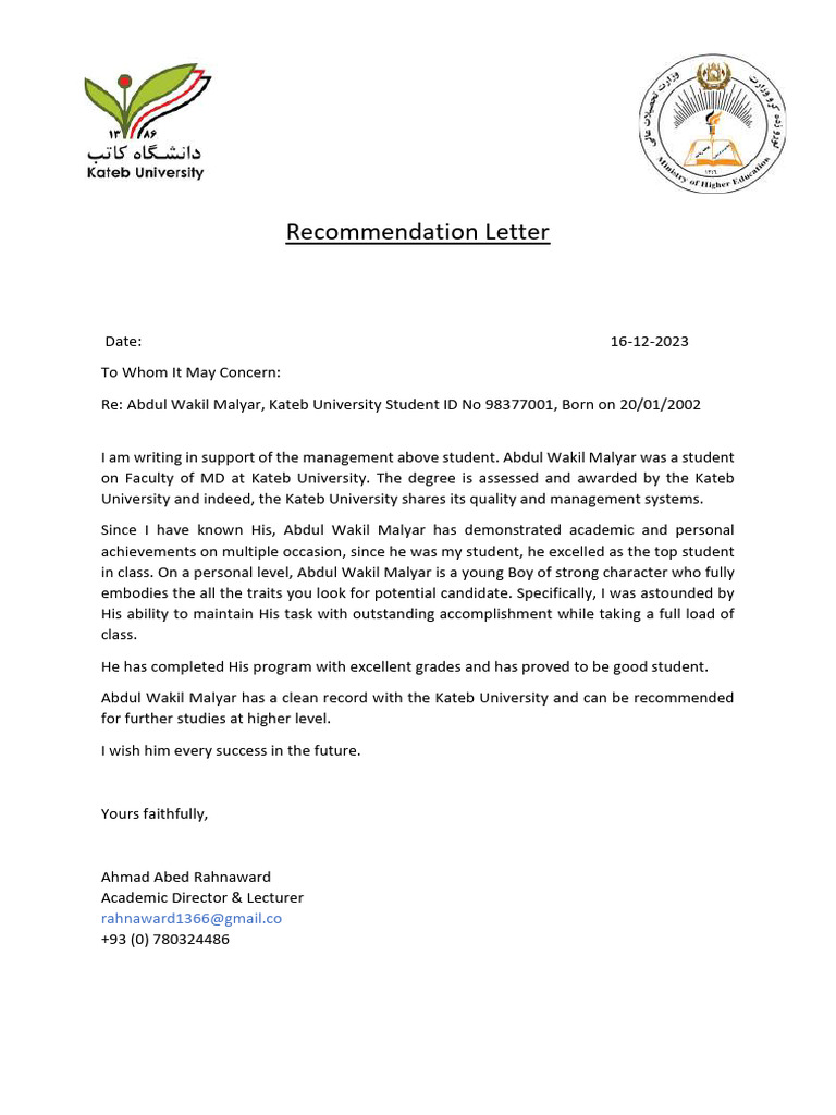 Malyar Recomenadtion Letter 03 | PDF