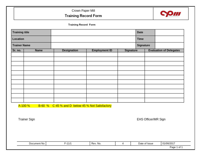 Crown Paper Mill Training Record Form | PDF