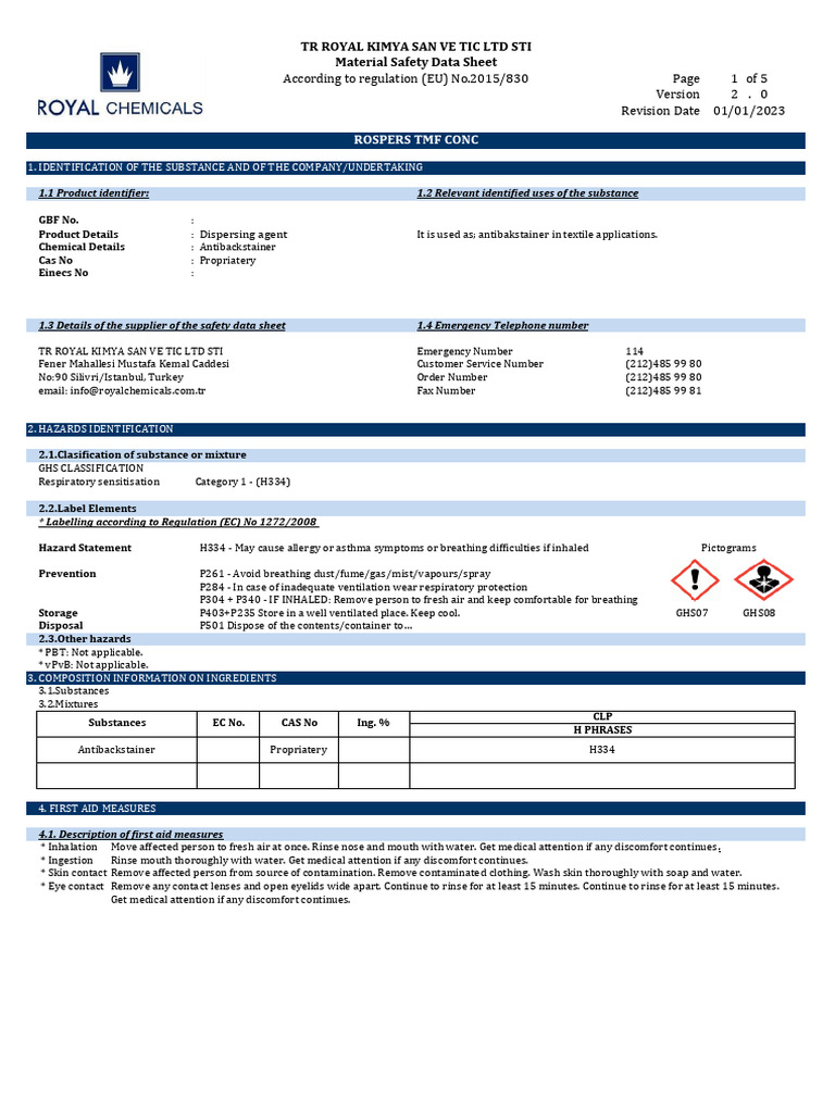 Antibackstainer Safety Data Sheet | PDF | Dangerous Goods | Toxicity