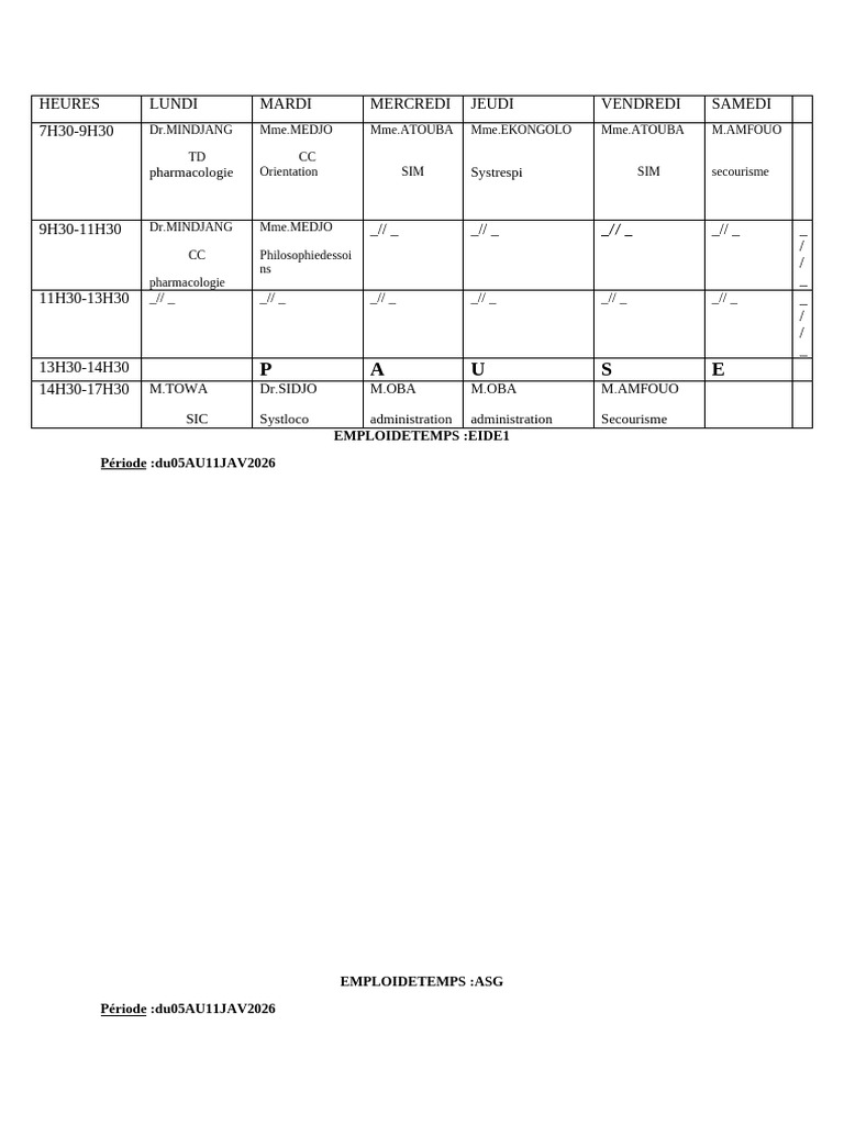 Emploi du temps des cours 2026 | PDF