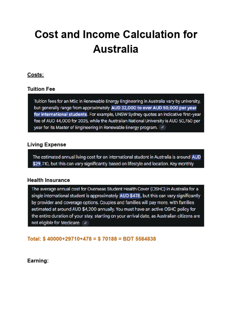 Australia Study Cost vs. Income Analysis | PDF