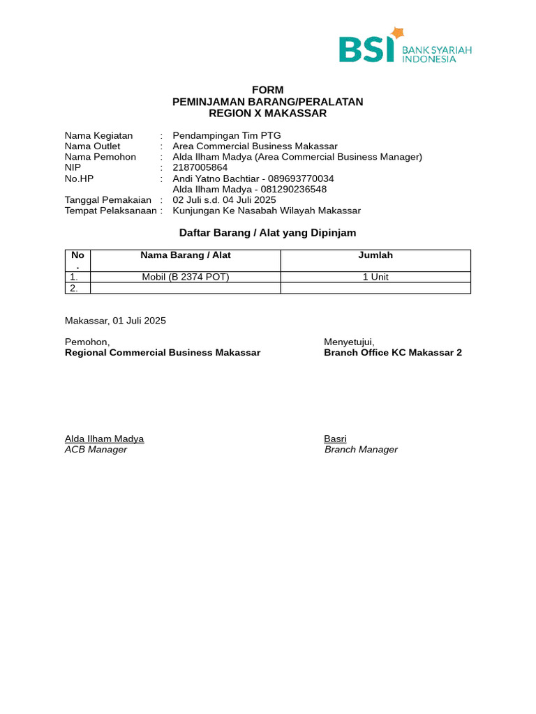 Formulir Peminjaman Alat Makassar | PDF