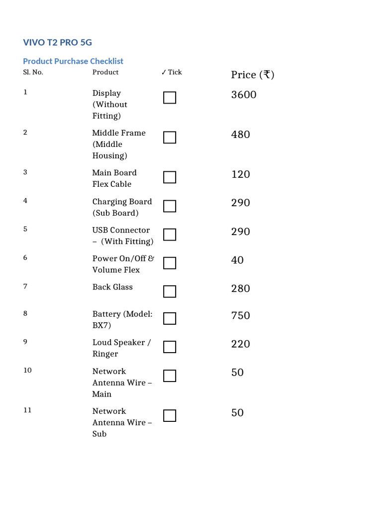 VIVO T2 PRO 5G Purchase Checklist | PDF
