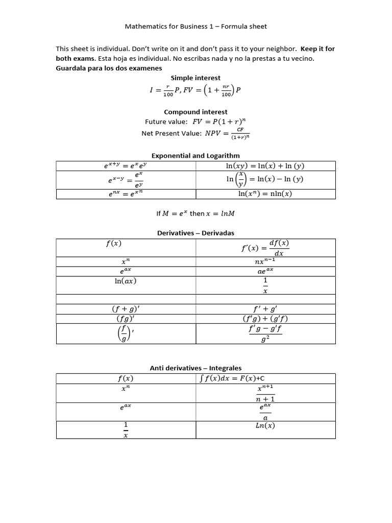 Maths for Business - Formula Sheet - Midterm and Final Exam- doble cara ...