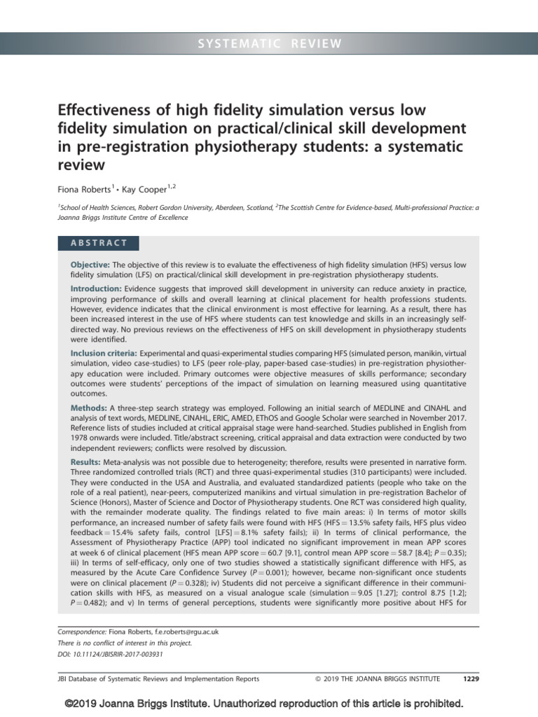 High vs Low Fidelity Simulation in Physiotherapy | PDF | Simulation ...