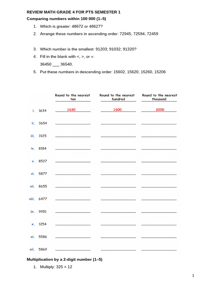 Grade 4 Math Review: Semester 1 | PDF | Elementary Mathematics ...