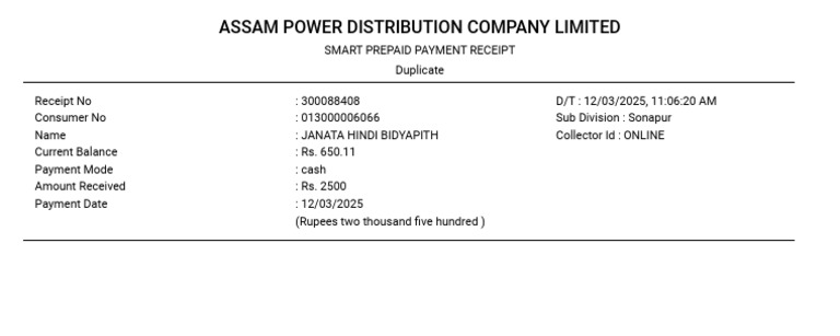 Assam Power Prepaid Payment Receipt | PDF