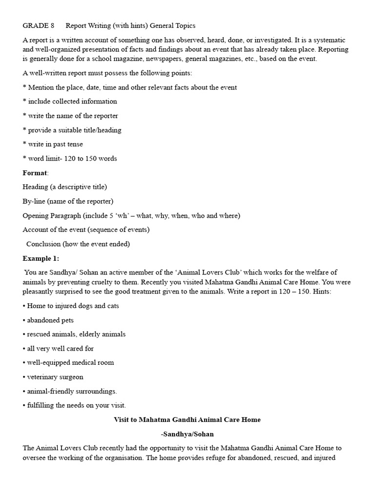 Grade 8 Report Writing Guide | PDF | Animal Welfare | Human–Animal ...