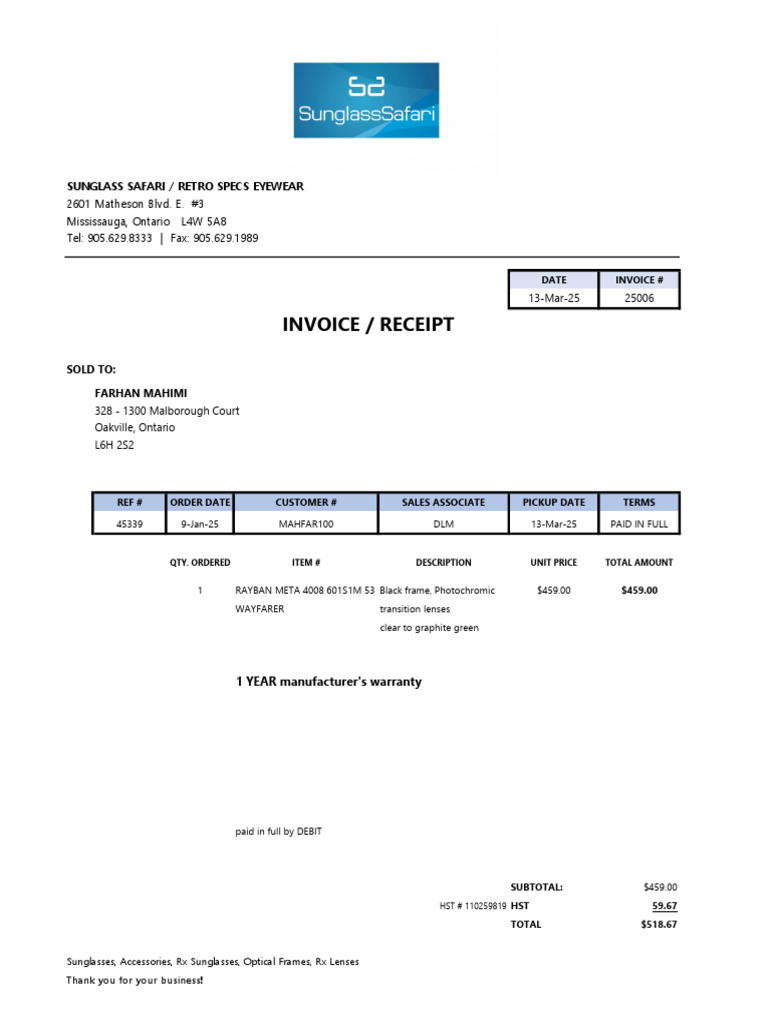 Invoice for Ray-Ban Sunglasses Purchase | PDF