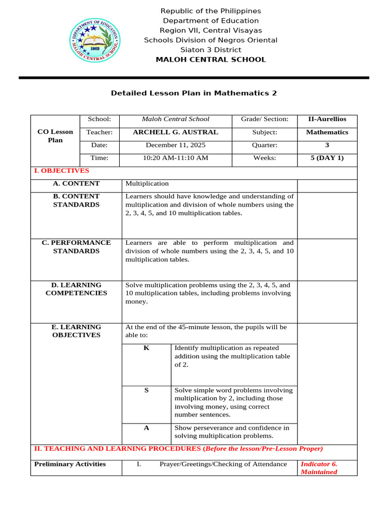 Dlp Pre Demo Mathematics Grade II Aurellios - Copy | PDF | Teachers ...