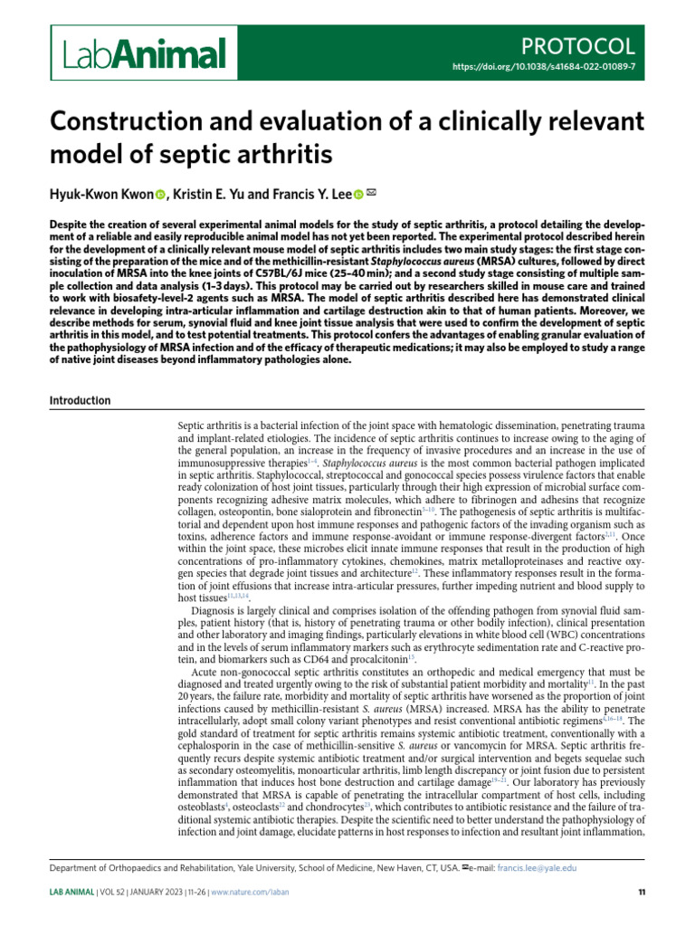 Clinically Relevant Septic Arthritis Model | PDF | Sepsis | Methicillin ...