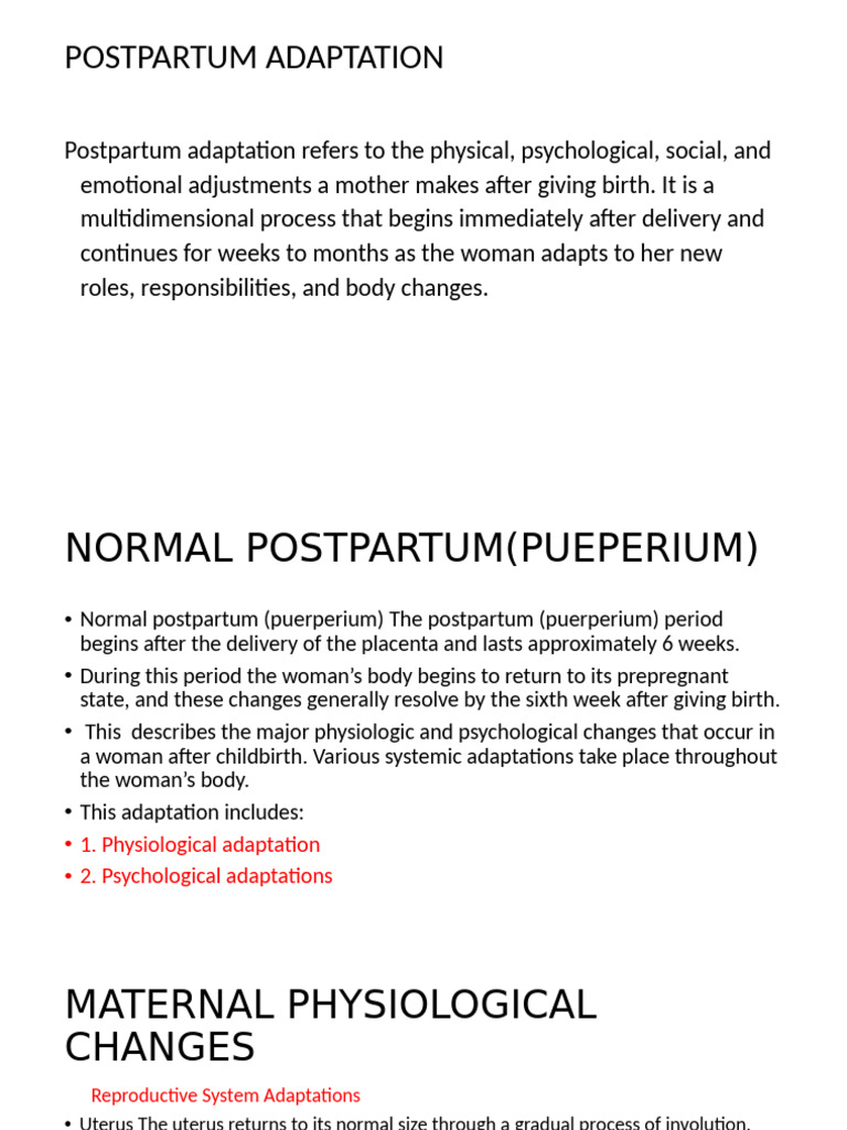Postpartum Adaptation and Changes | PDF | Breastfeeding | Childbirth