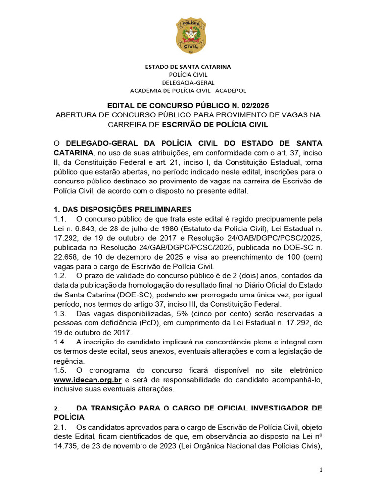 Concurso Escrivão Polícia Civil SC 2025 | PDF | Eleições | Polícia