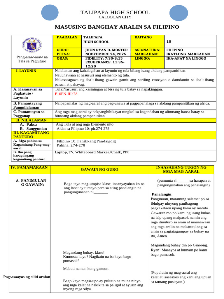 LESSON PLAN SA TULA ARALIN 3.4 | PDF