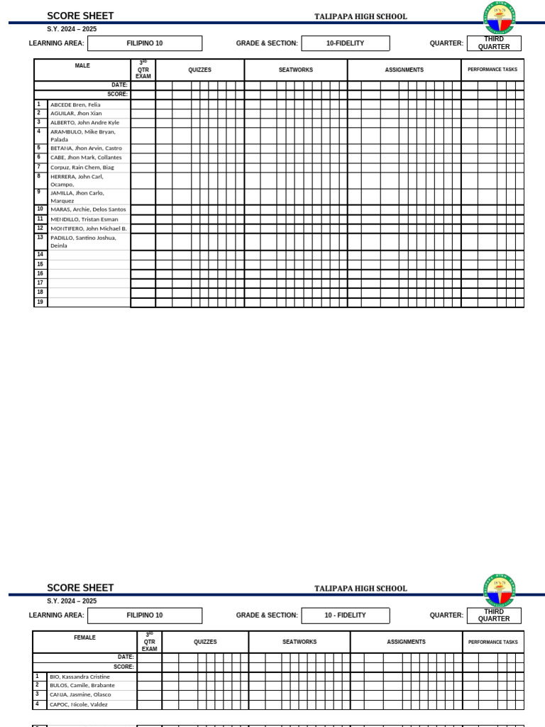 Filipino 10 Score Sheet - Talipapa HS | PDF