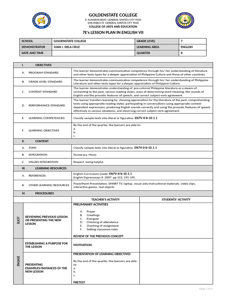 ENG LP 7es Matatag Template | PDF | Intelligence | Education Theory
