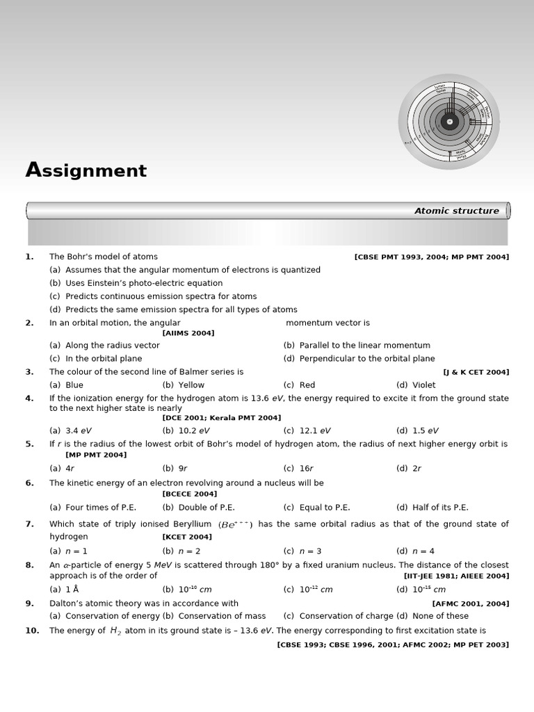 00000131 05 Atomic Structure Assignment | PDF | Atoms | Electron