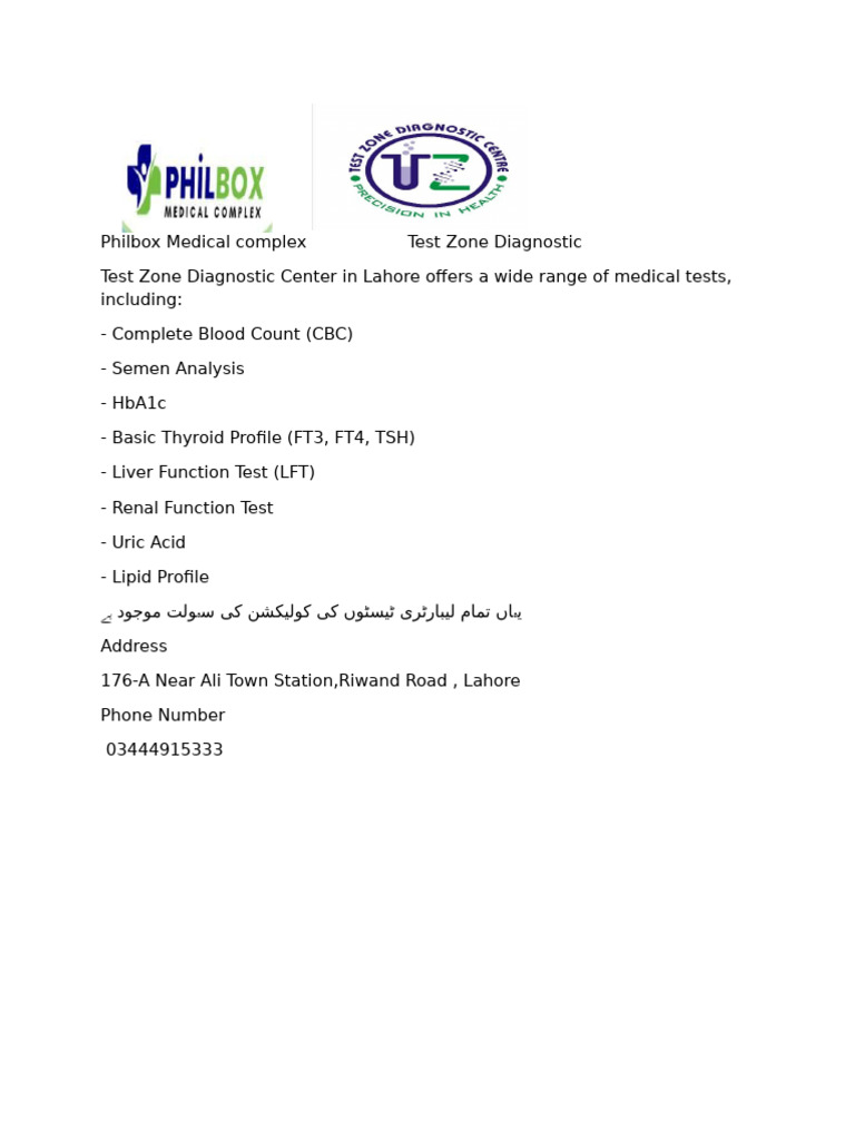 Diagnostic Tests at Test Zone Lahore | PDF