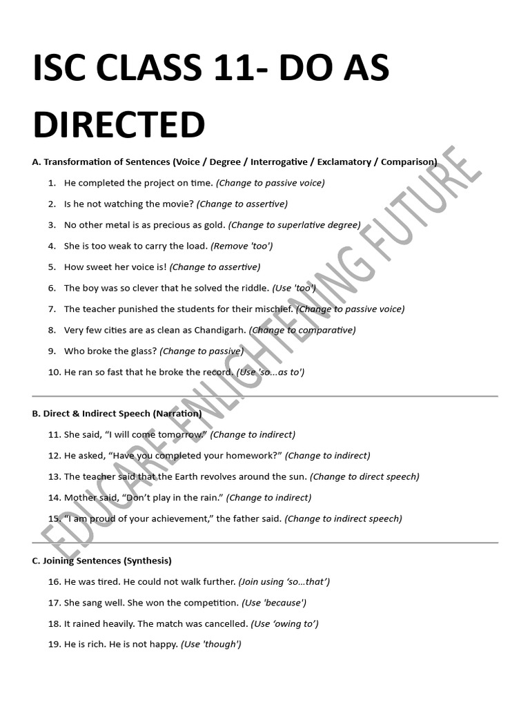 ISC Class 11 Sentence Transformation Guide | PDF | Verb | Linguistic ...