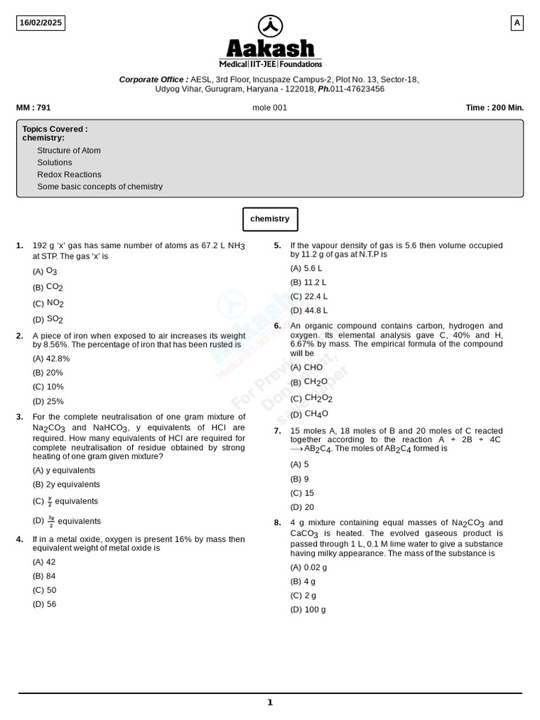 Chemistry Exam Questions and Solutions | PDF | Mole (Unit) | Mass ...