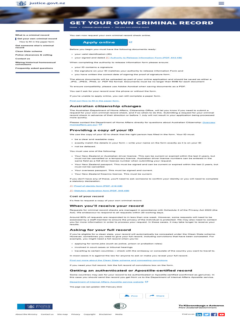 Get Your Own Criminal Record New Zealand Ministry of Justice | PDF ...