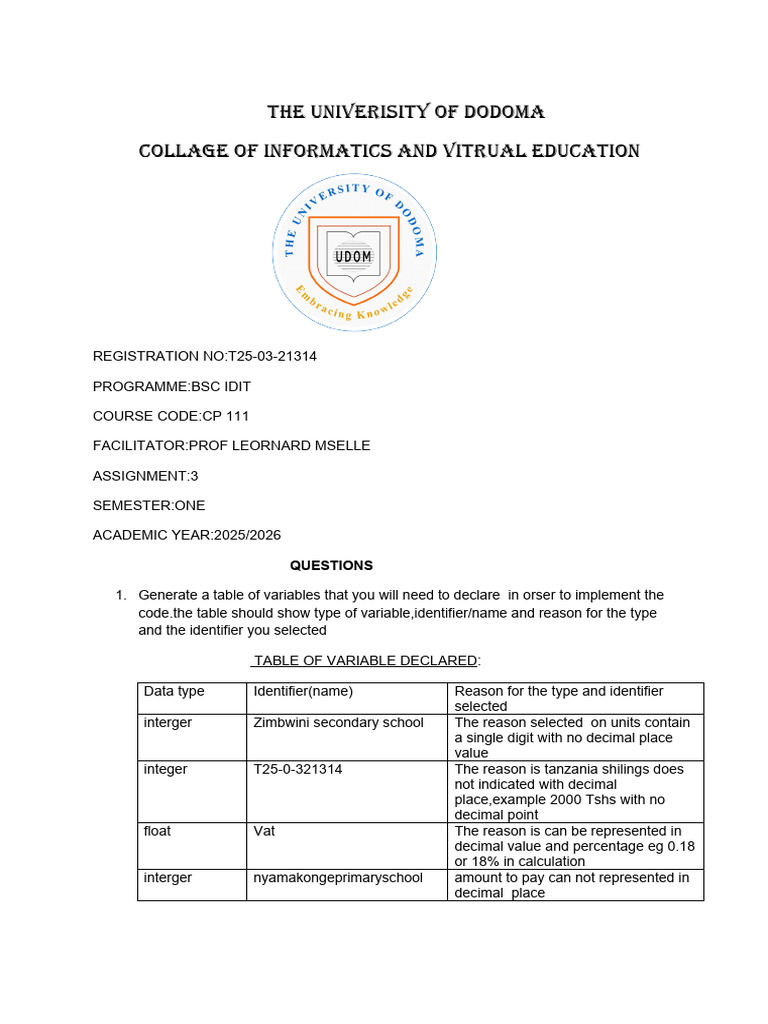 Assignment On Programming Language Lecture | PDF | Data Type | Variable ...