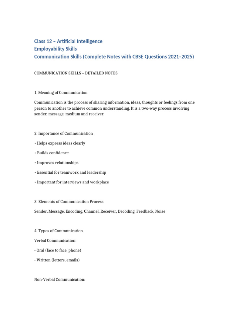 Class 12 AI Communication Skills Notes | PDF