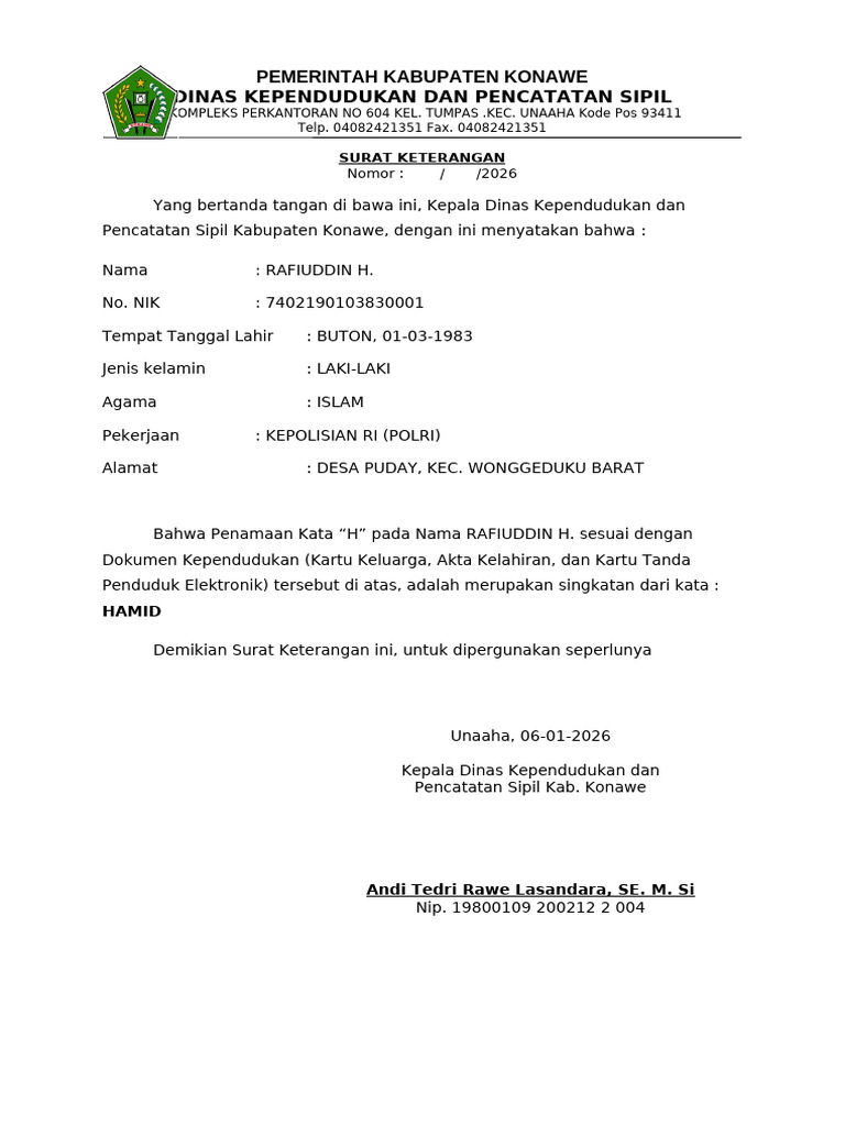 Surat Keterangan Nama Rafiuddin H. | PDF