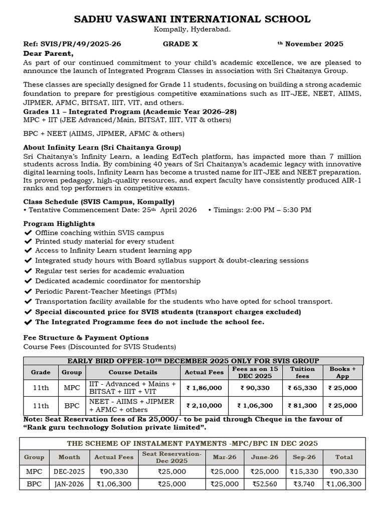 SVIS - Integrated - Program - Consent - Form Jee & Neet 2026-28 | PDF | Fee