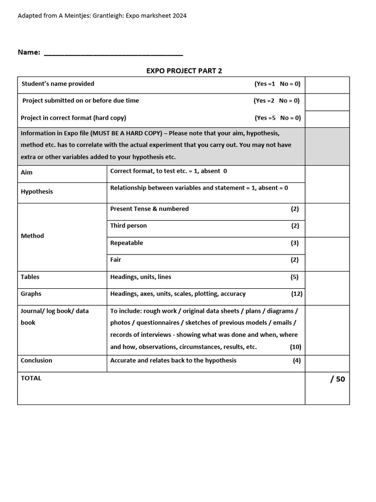 Expo Project Marksheet 2024 Guide | PDF