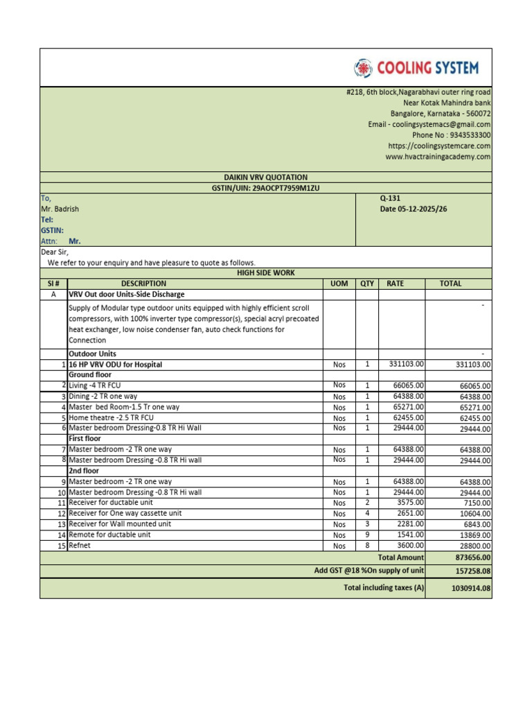 Daikin VRV Quotation for HVAC System | PDF | Pipe (Fluid Conveyance ...