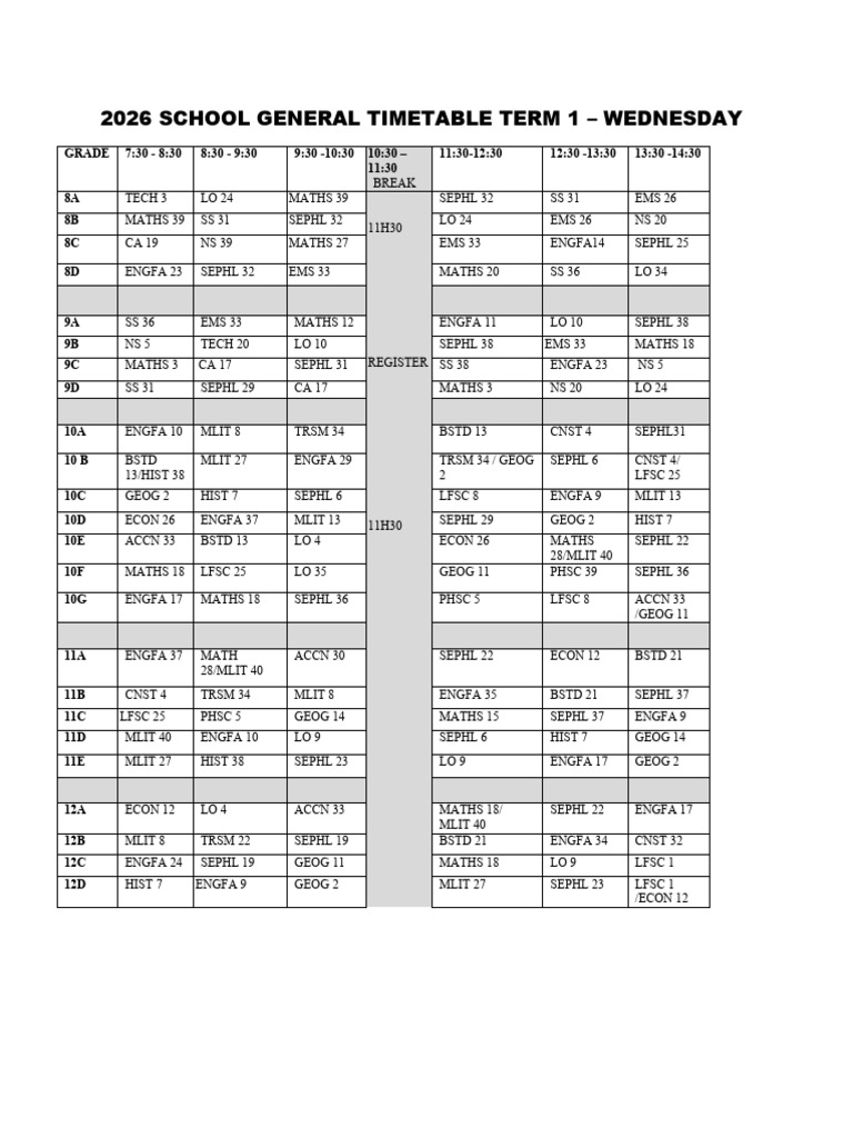 2026 Term 1 School Timetable | PDF