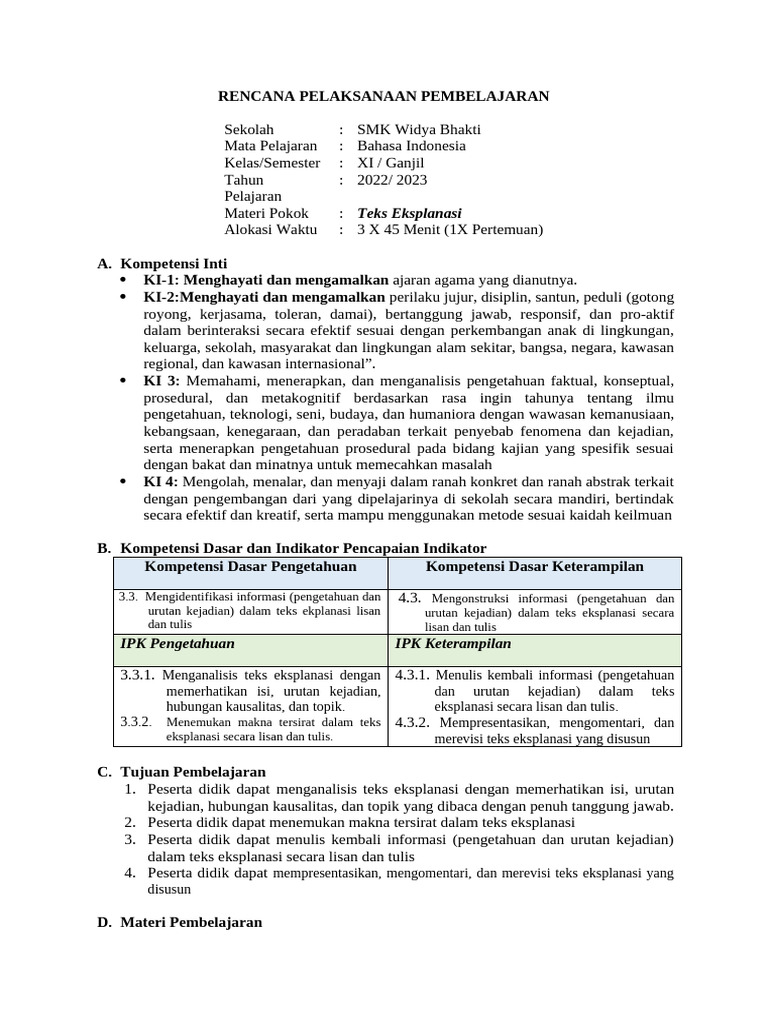 Rencana Pembelajaran Teks Eksplanasi | PDF