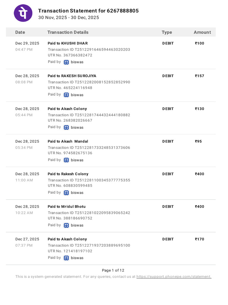 Transaction Statement for Account 6267888805 | PDF | Debit Card | Banking