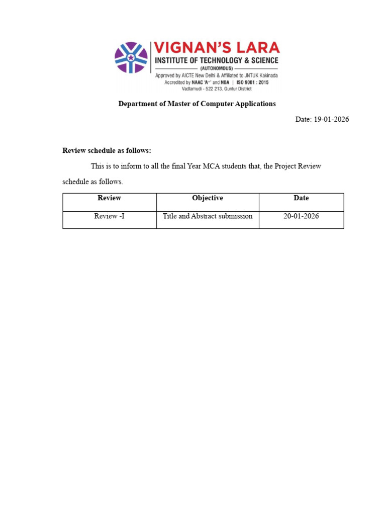 MCA Final Year Project Review Schedule | PDF