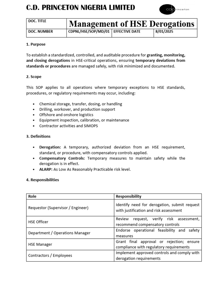 HSE Derogation Management SOP | PDF | Risk | Risk Assessment
