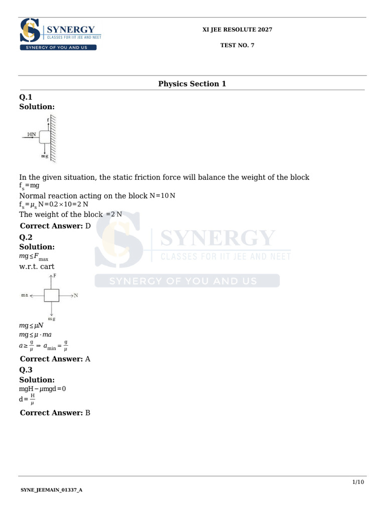 XI JEE Physics Test Solutions 2027 | PDF | Force | Potential Energy