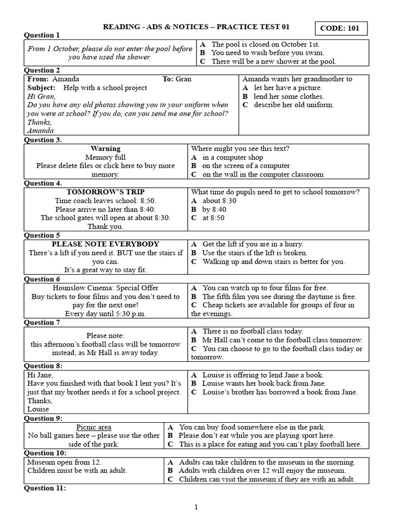 Practice Test for Reading Ads & Notices | PDF