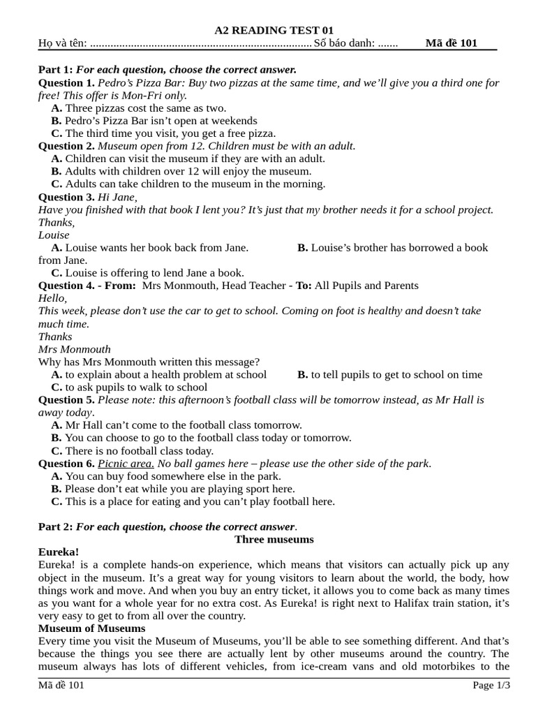 A2 Reading Test 01: Practice Questions | PDF | Giant Panda
