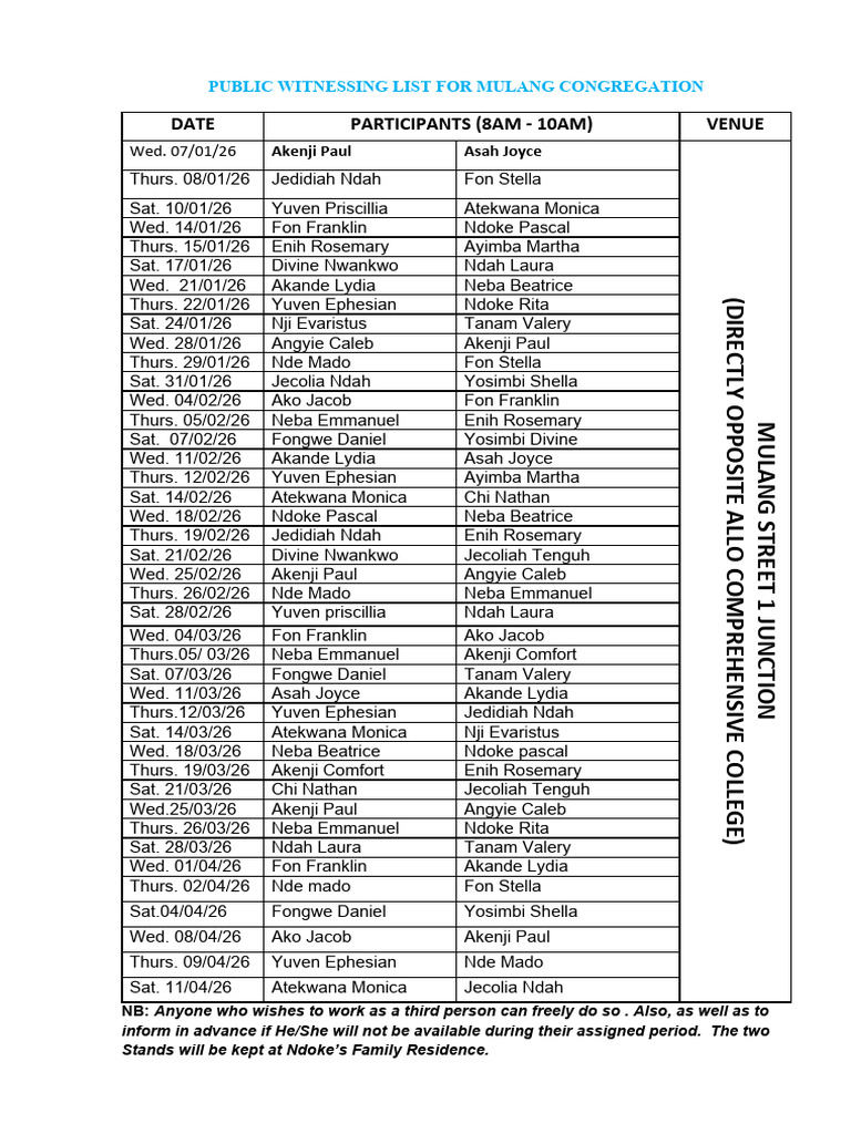 Mulang Congregation Witnessing Schedule | PDF