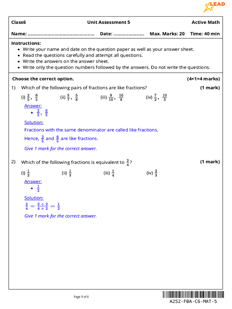 Paper 55927 ASMNO Class6 Math ASM 1 2451 | PDF | Mathematical Concepts ...