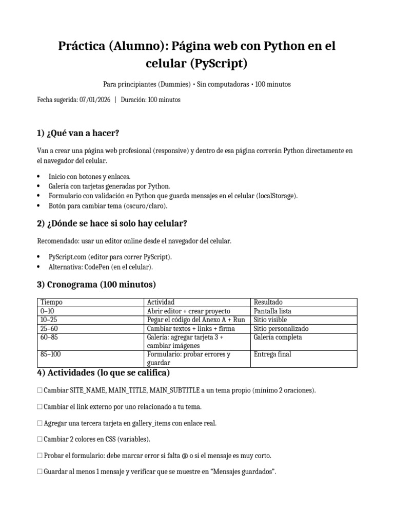 Practica Alumno Solo Celular PyScript - Bin | PDF | Python (lenguaje de ...
