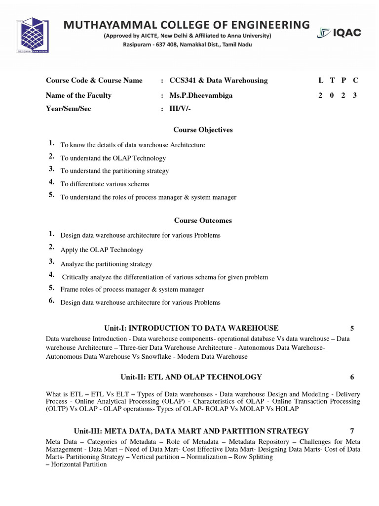 Data Warehousing Syllabus 2023-24 | PDF | Data Warehouse | Metadata
