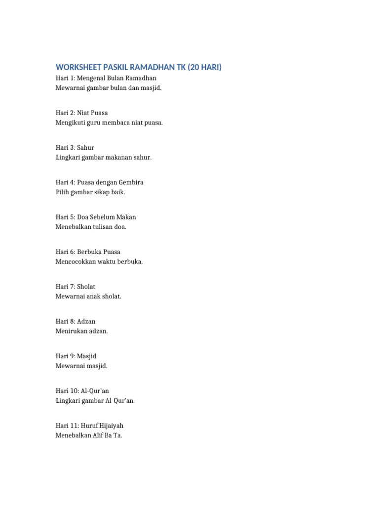 Worksheet PASKIL Ramadhan TK 20 Hari | PDF