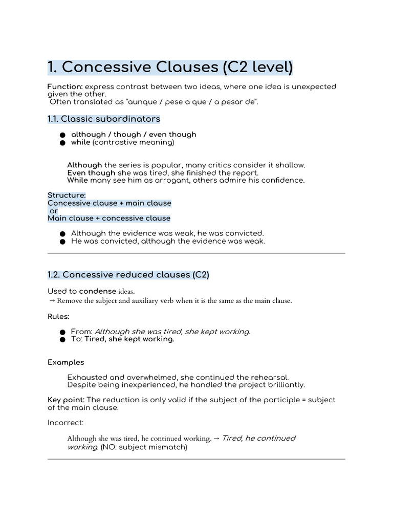 Mastering Concessive and Contrastive Clauses | PDF | Clause | Verb