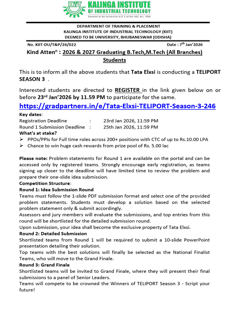 KIIT Tata Elxsi TELIPORT Season 3 Details | PDF